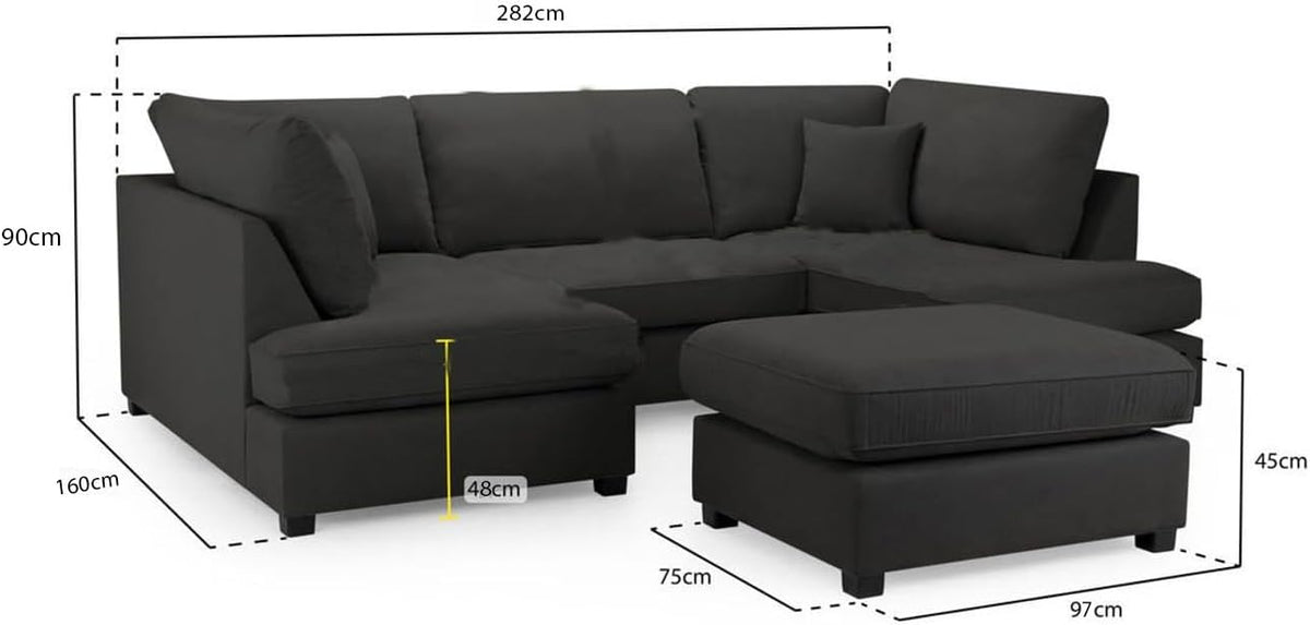 Berlin 5 seater U shaped Plush Fabric Corner Sofa Black