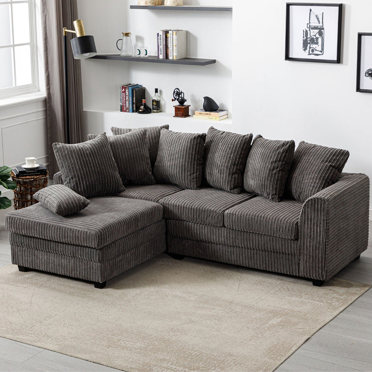 Hannah Jumbo Cord Scatter Back 4 Seater Left Hand Facing Corner Sofa Grey