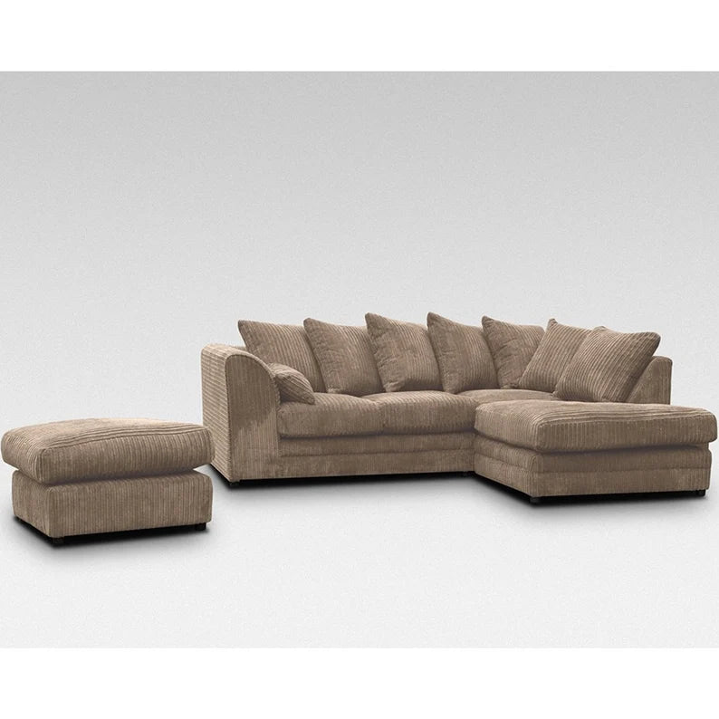 Jumbo Cord Corner Sofa With Footstool / Black / Grey / Coffee