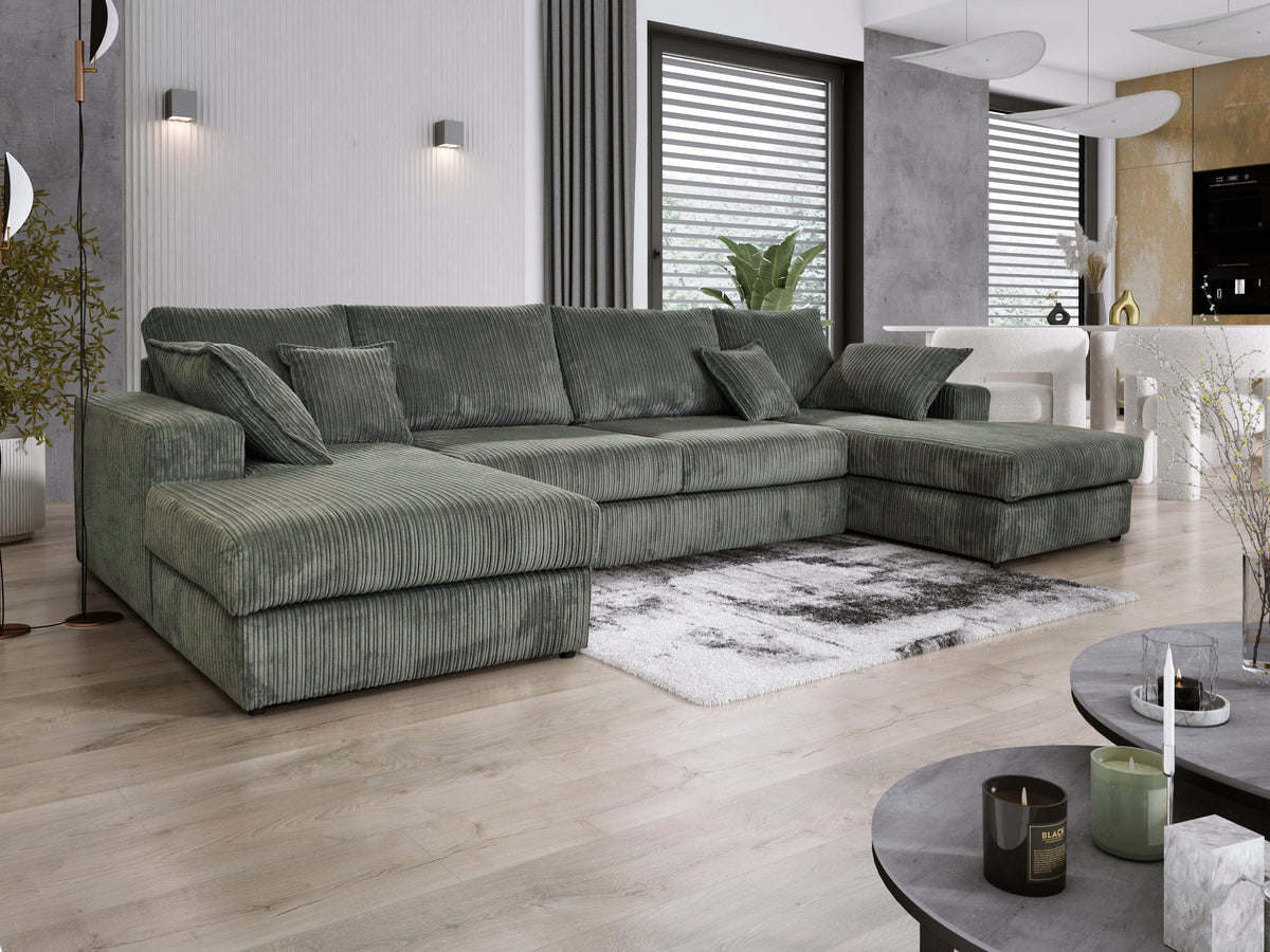 Family Large Double Sofa with Footstool U-Shaped Grey
