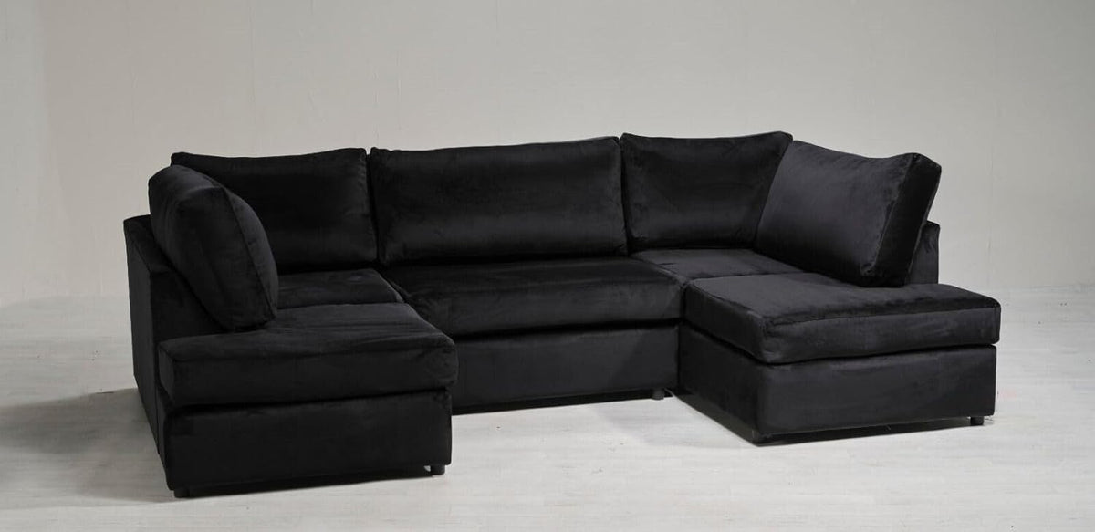 Berlin 5 seater U shaped Plush Fabric Corner Sofa Black