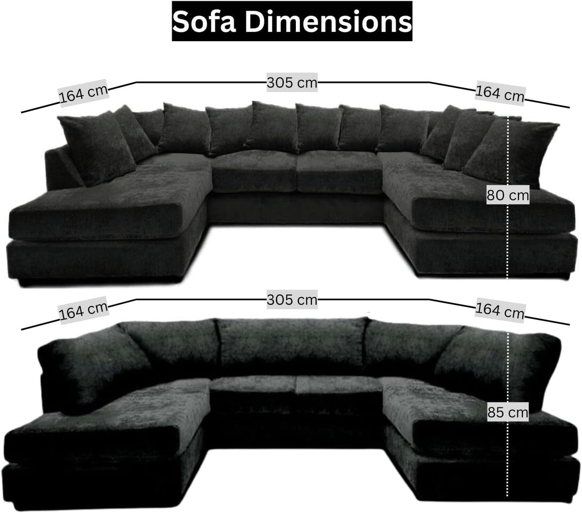 Windsor Scatter Back 6 Seater U Shaped Corner Chenille Fabric Sofa Black