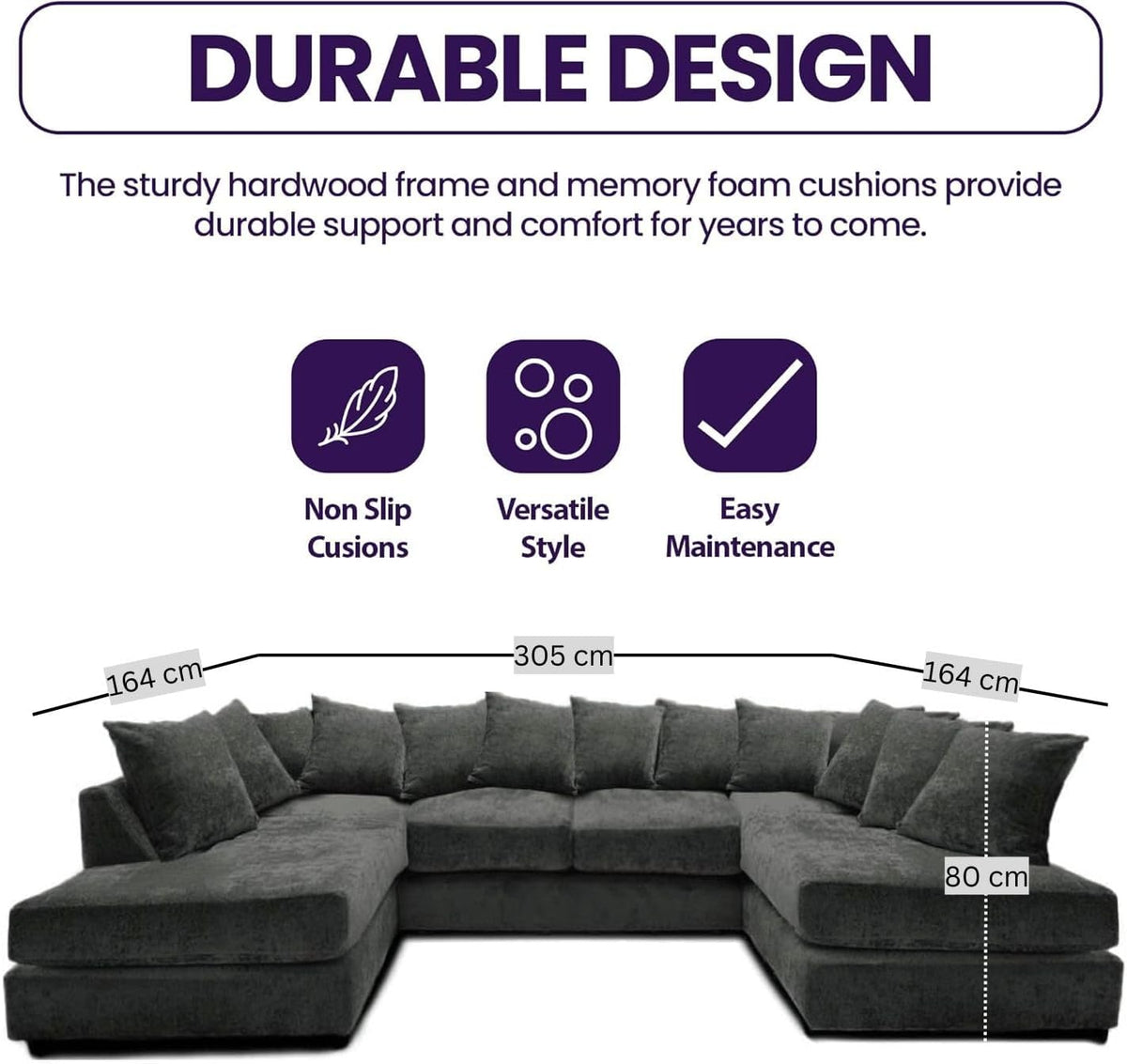 Windsor Scatter Back 6 Seater U Shaped Corner Chenille Fabric Sofa Black