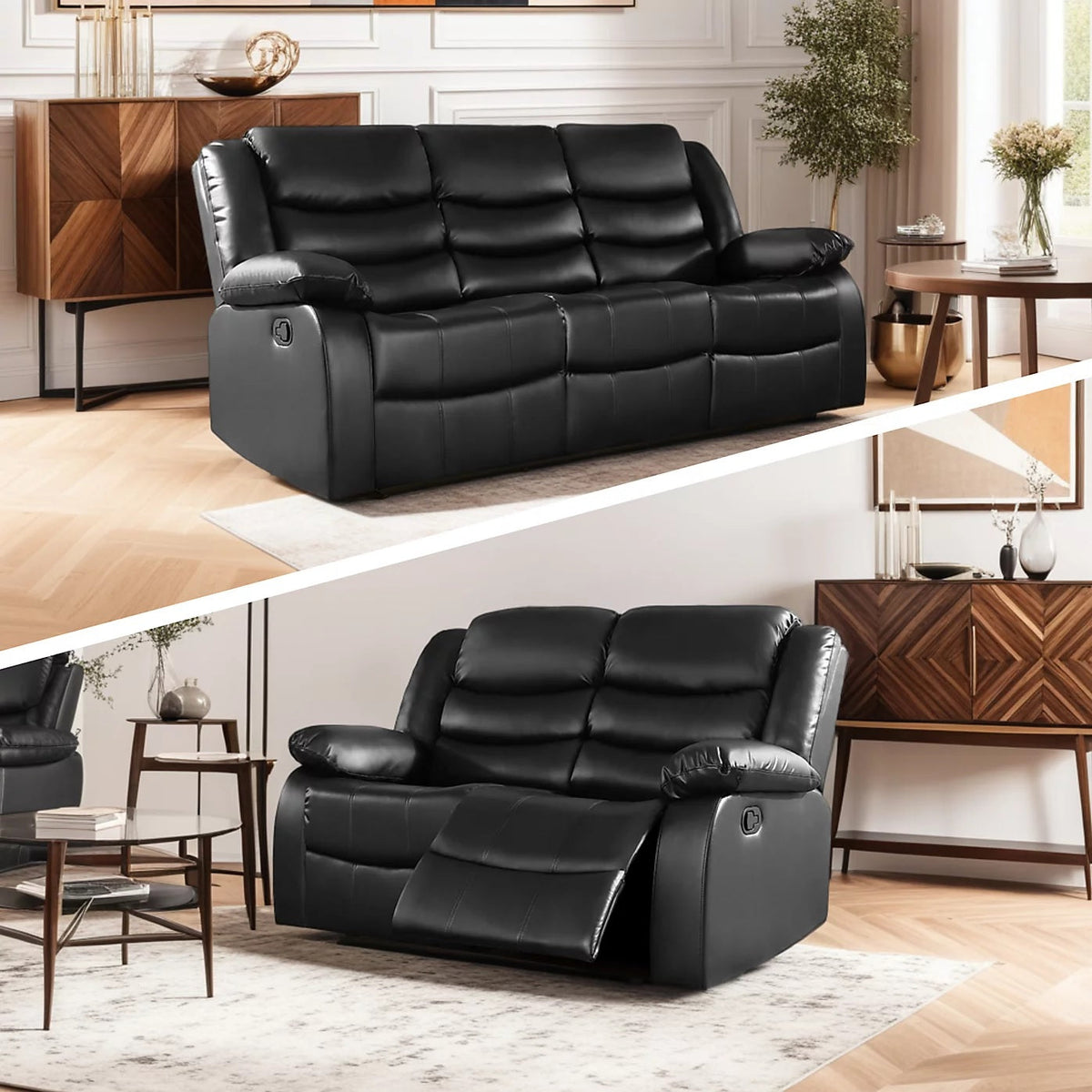 Roma Electric Leather Recliner 3+2 Seater Sofa Set Black