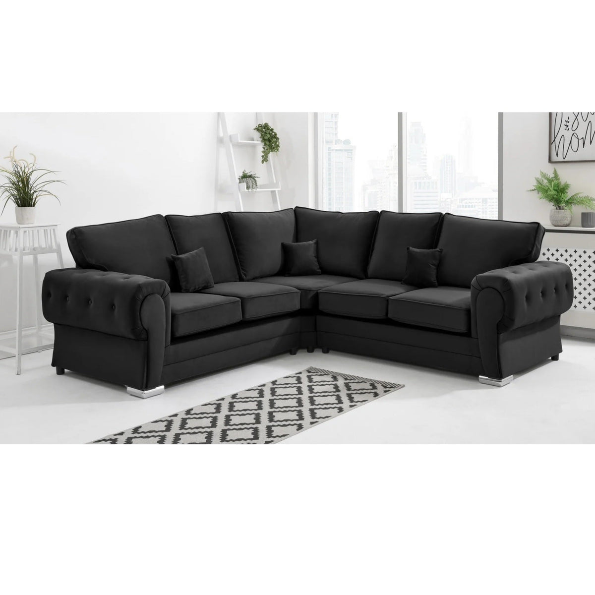 Chingford Plush Velvet Full Back 2c2 Corner Sofa Black