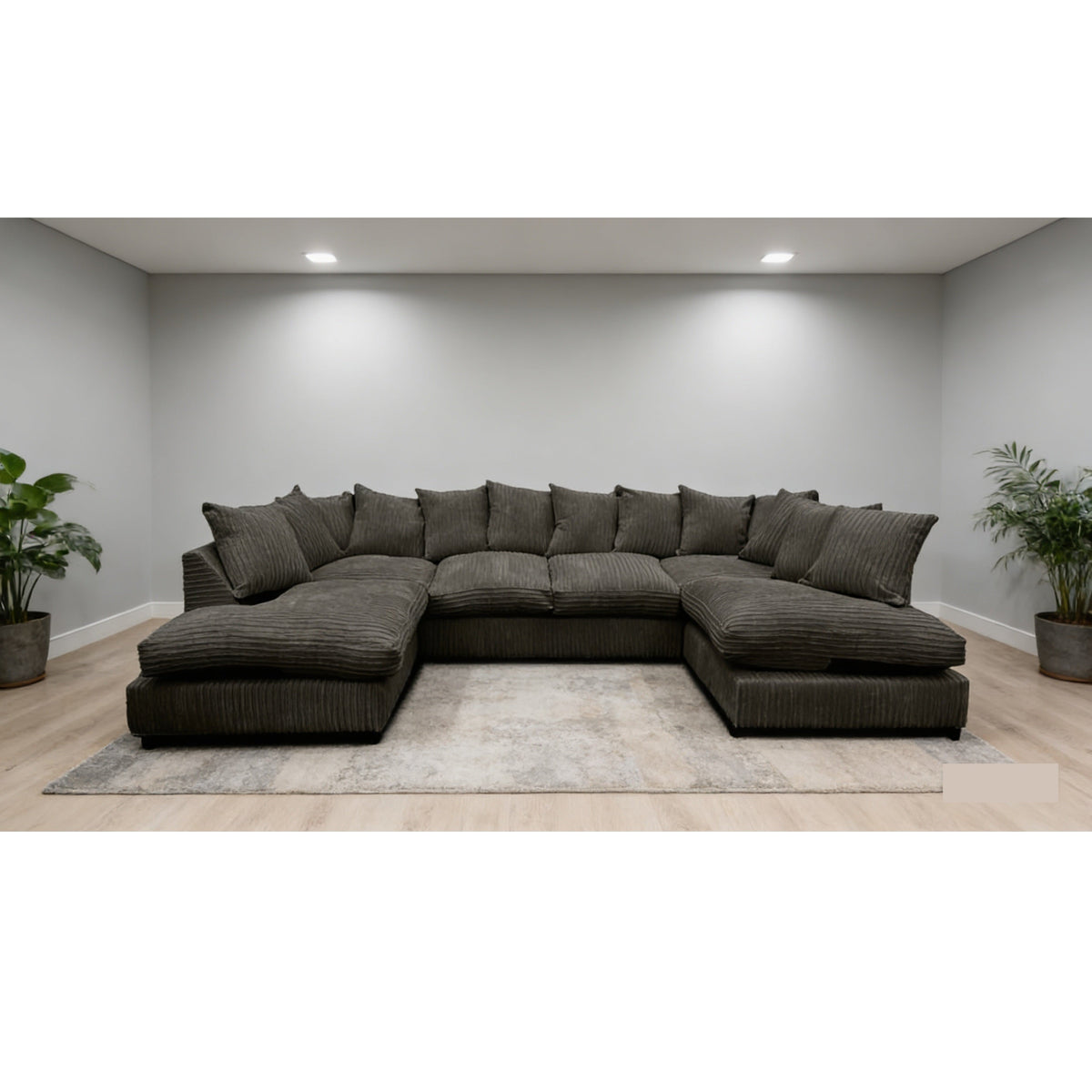 Monaco Scatter Back 6 Seater U Shaped Corner Jumbo Cord Fabric Sofa Black