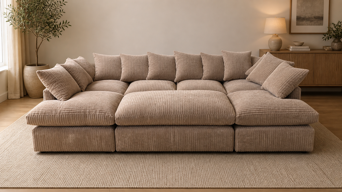 Cinema Large U Shape Sofa Jumbo Cord Fabric Coffee