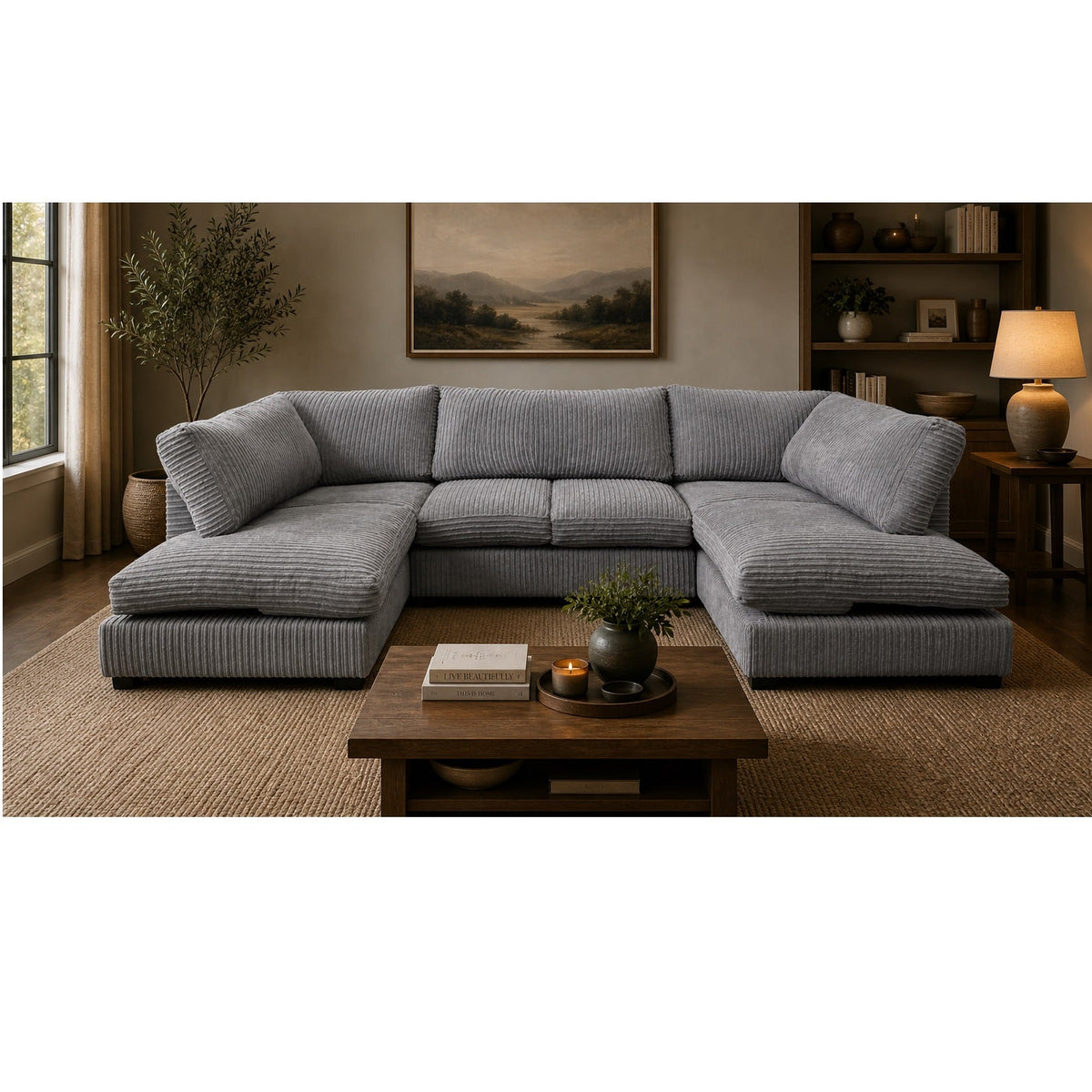 Aspen Full Back 6 Seater U Shaped Corner Jumbo Cord Fabric Sofa Grey