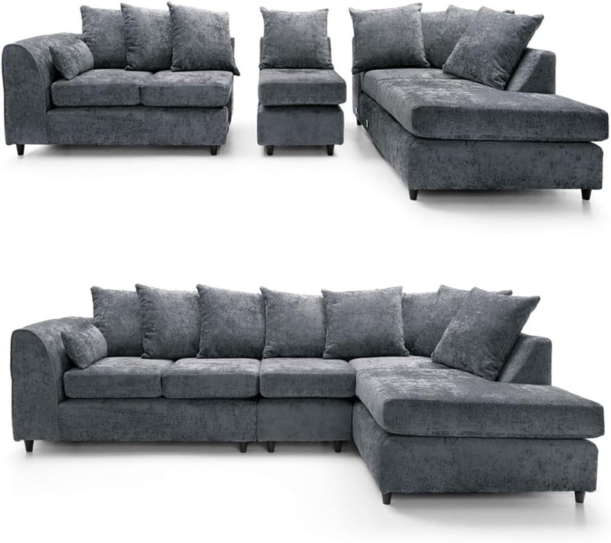 DYLAN Chenille Fabric Scatter Back 5 Seater Right Hand Facing Corner Sofa Grey