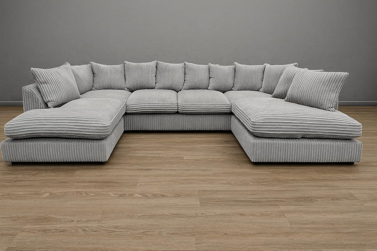 Monaco Scatter Back 6 Seater U Shaped Corner Jumbo Cord Fabric Sofa Grey