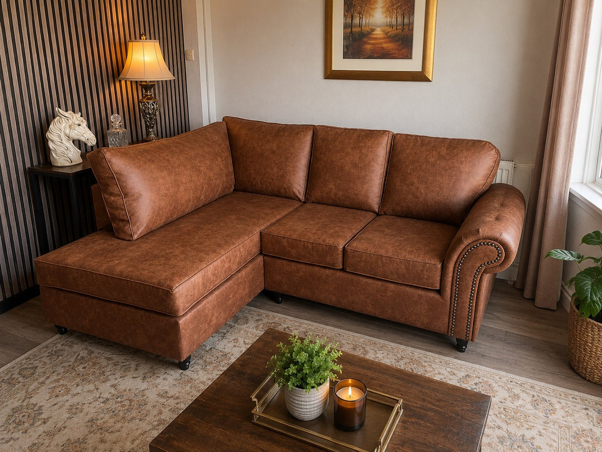 Brooklyn Suede Leather Left Hand Facing Corner Sofa Brown