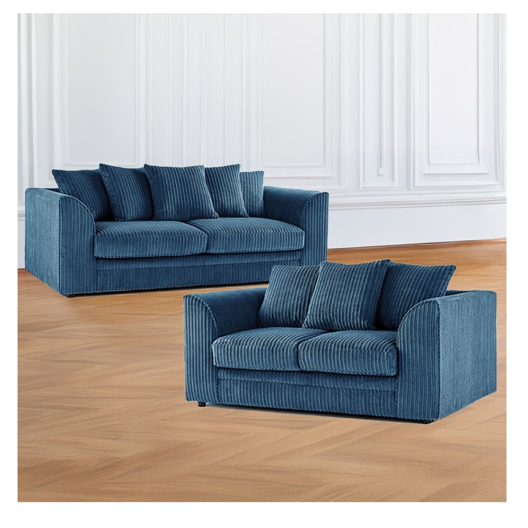 Hannah Jumbo Cord Scatter Back 3+2 Seater Sofa Suite Set Marine Blue