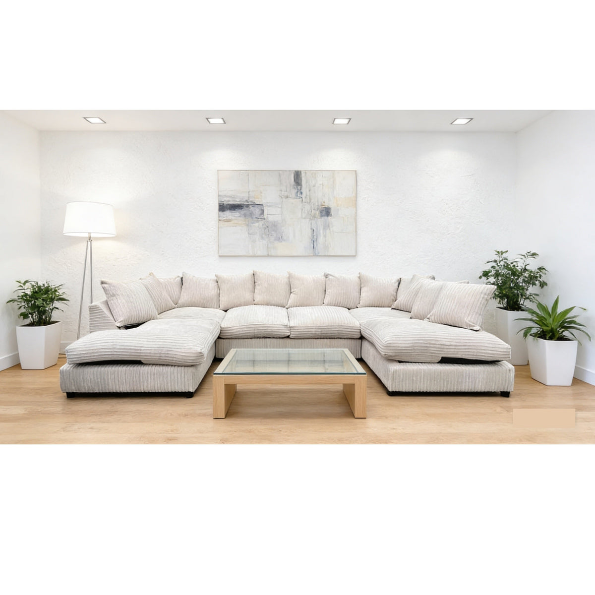 Monaco Scatter Back 6 Seater U Shaped Corner Jumbo Cord Fabric Sofa Mink