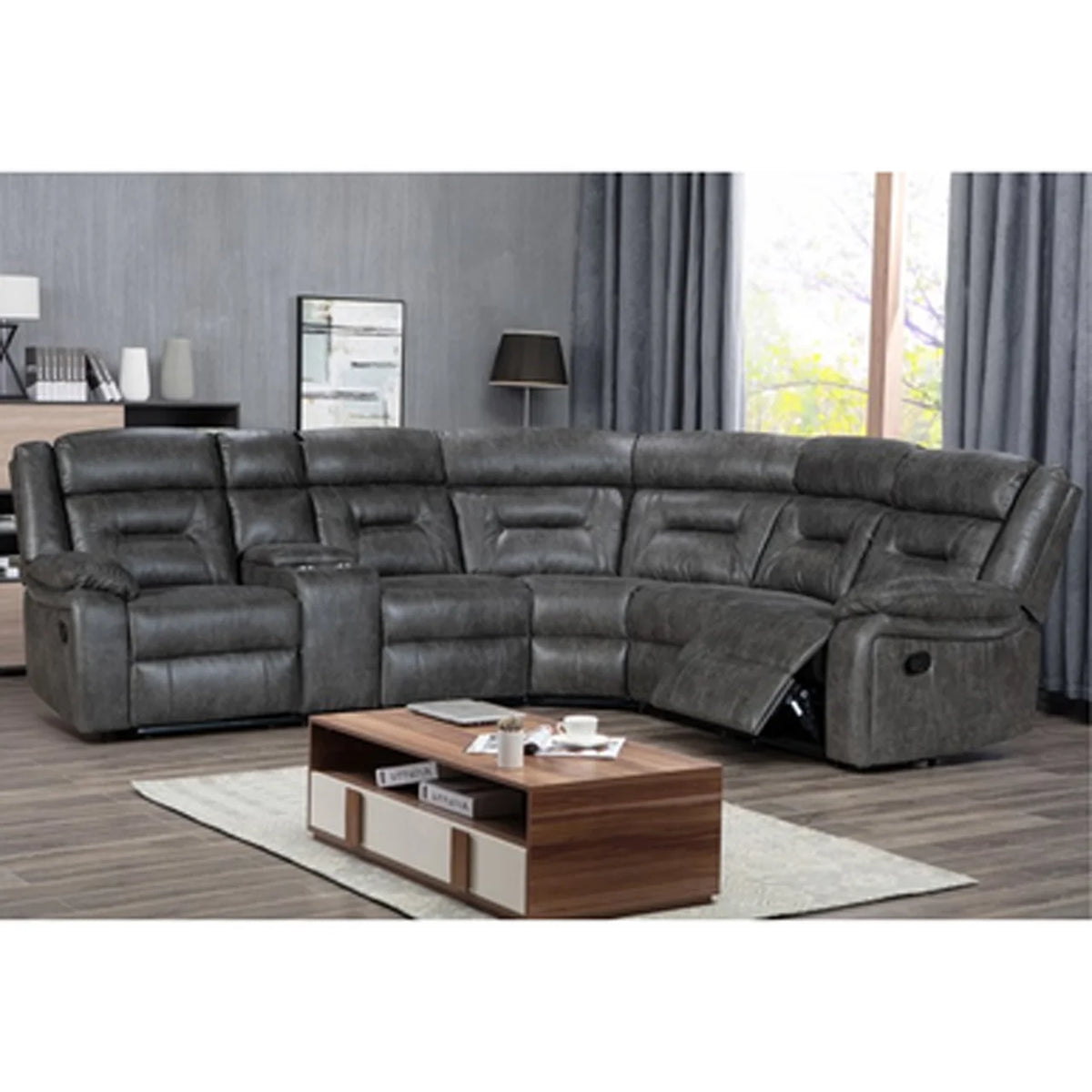 Nova Electric Grey Leather 5 Seater Reclining Corner Sofa With Drinks Tray