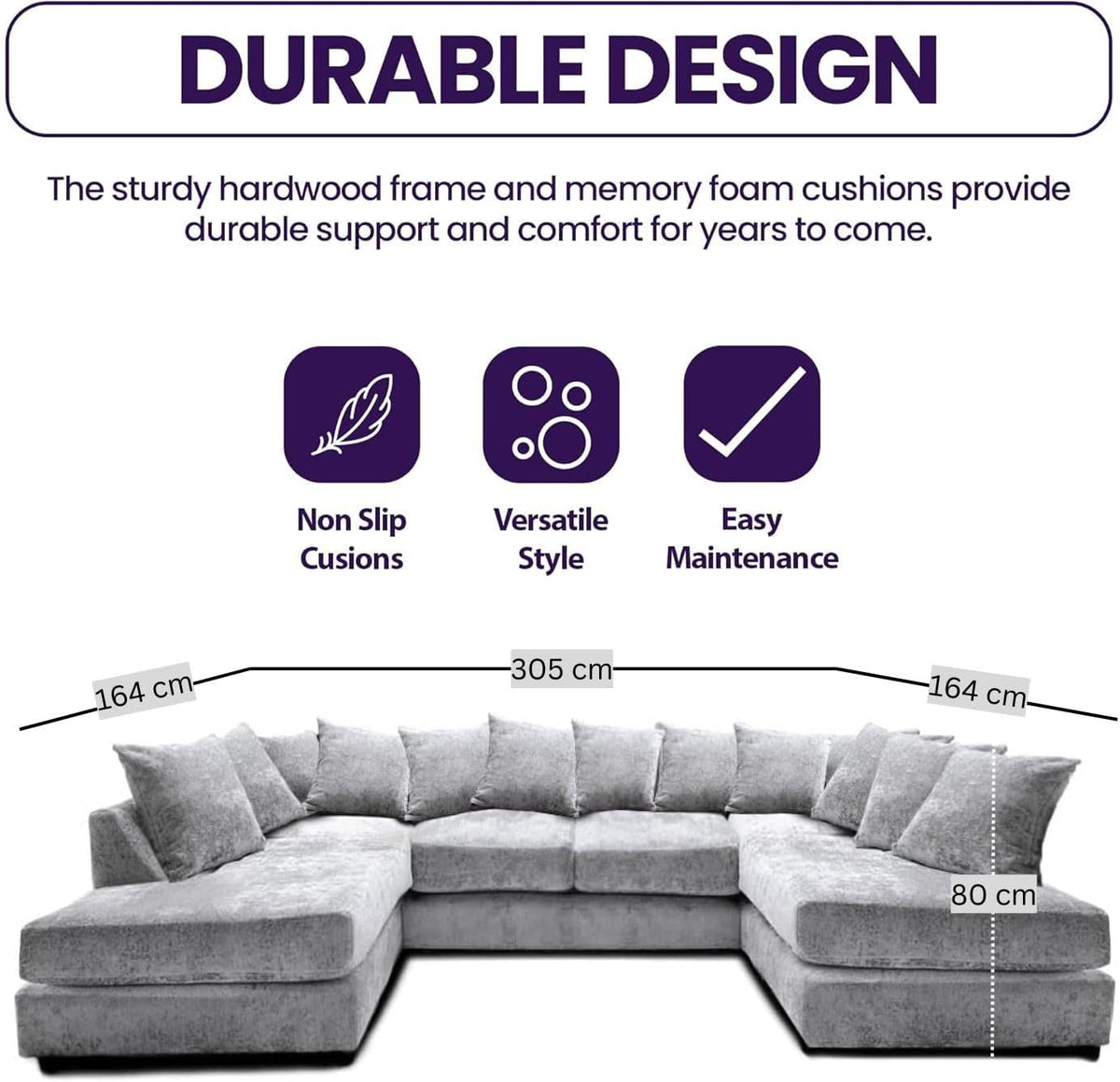 Windsor Scatter Back 6 Seater U Shaped Corner Chenille Fabric Sofa Silver