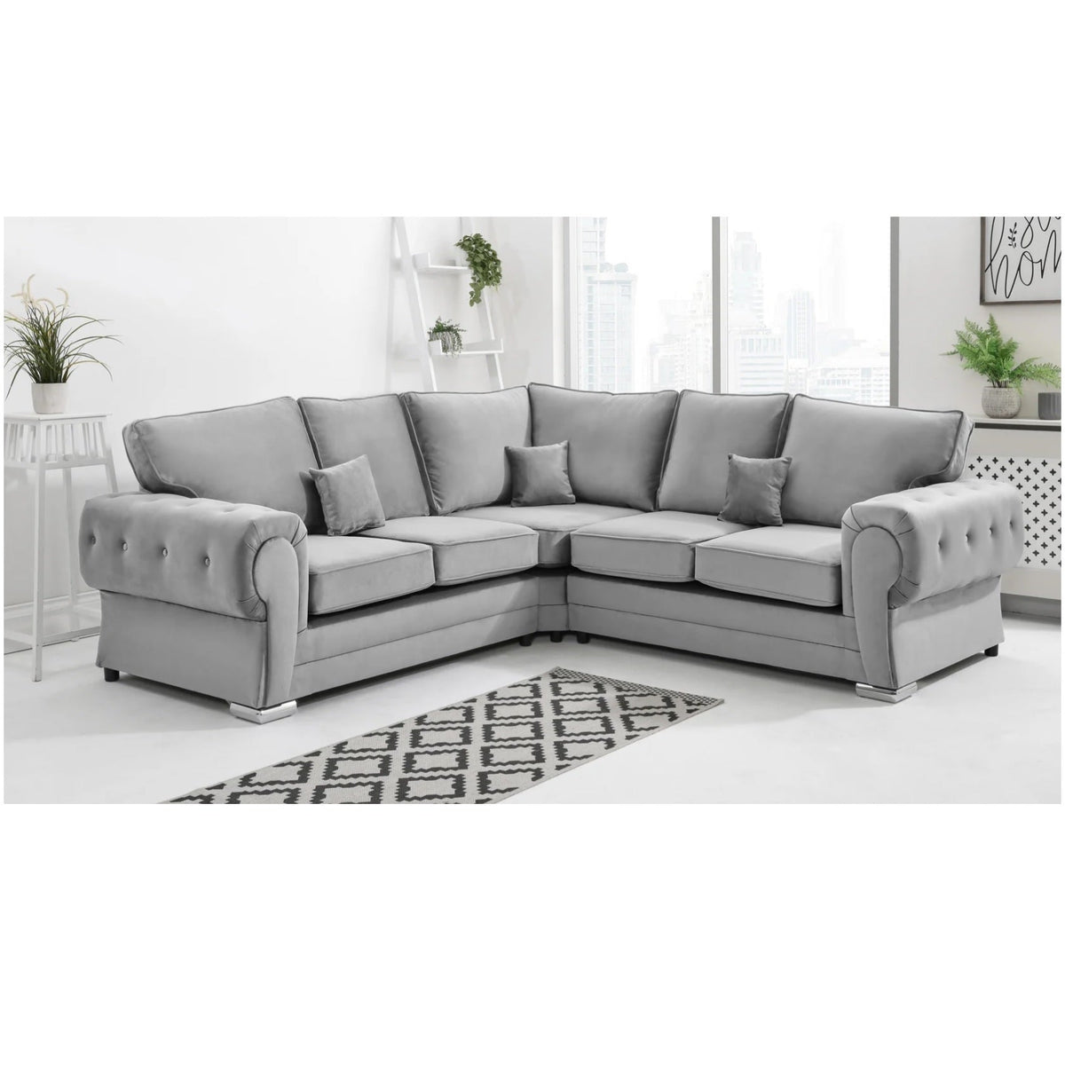 Chingford Plush Velvet Full Back 2c2 Corner Sofa Silver