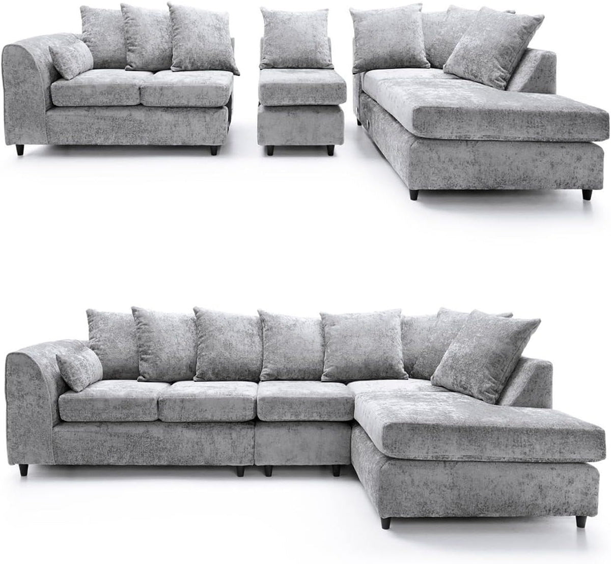 DYLAN Chenille Fabric Scatter Back 5 Seater Right Hand Facing Corner Sofa Silver