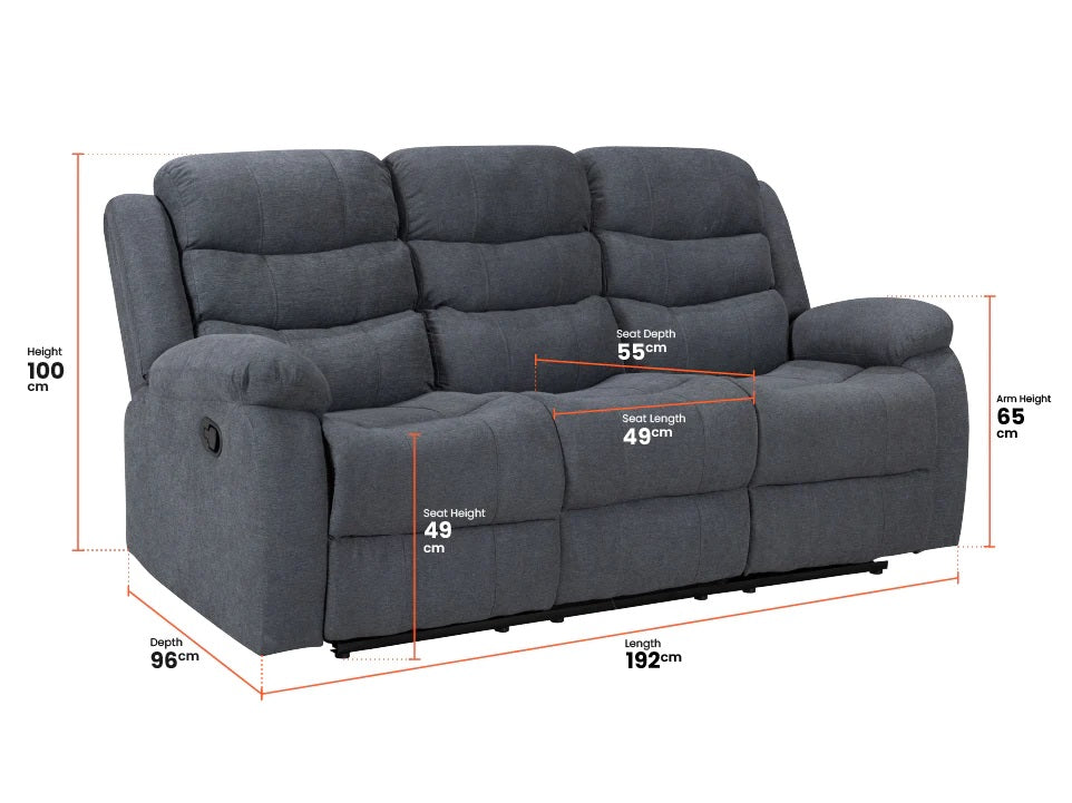 Roman Fabric Recliner 3 Seater sofa in Grey
