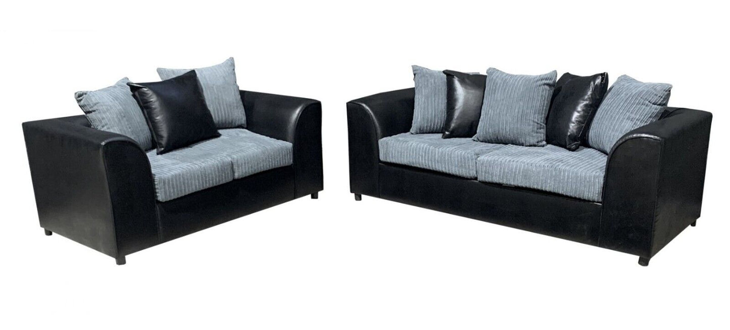 Byron Fabric Leather Jumbo Sofa | Corner Suite 3 2 Seater | Black & Grey