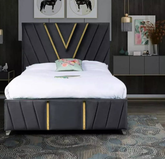 Gold Strip Panel Plush Velvet Upholstered Bed Frame