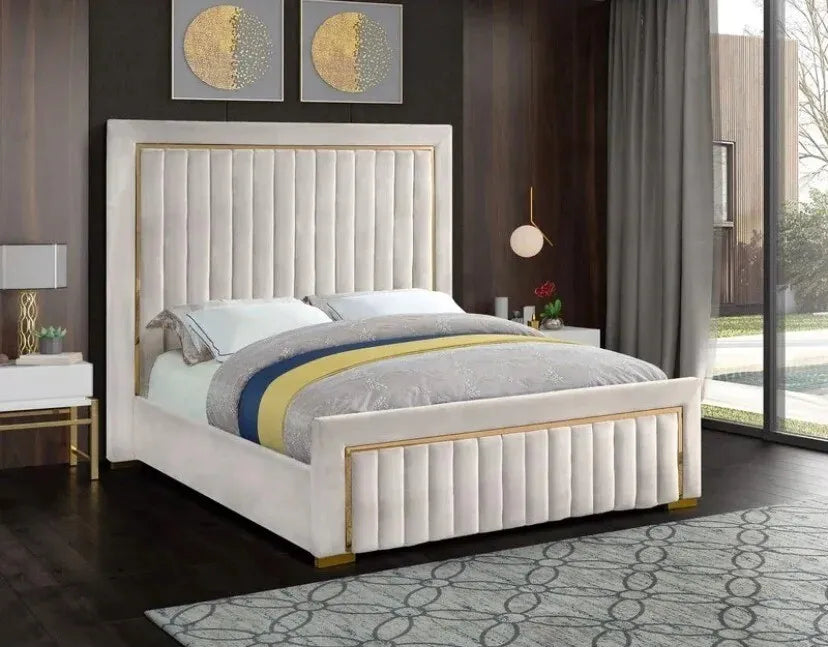 Panel Gold Border Line Style Plush Velvet Upholstered Bed Frame