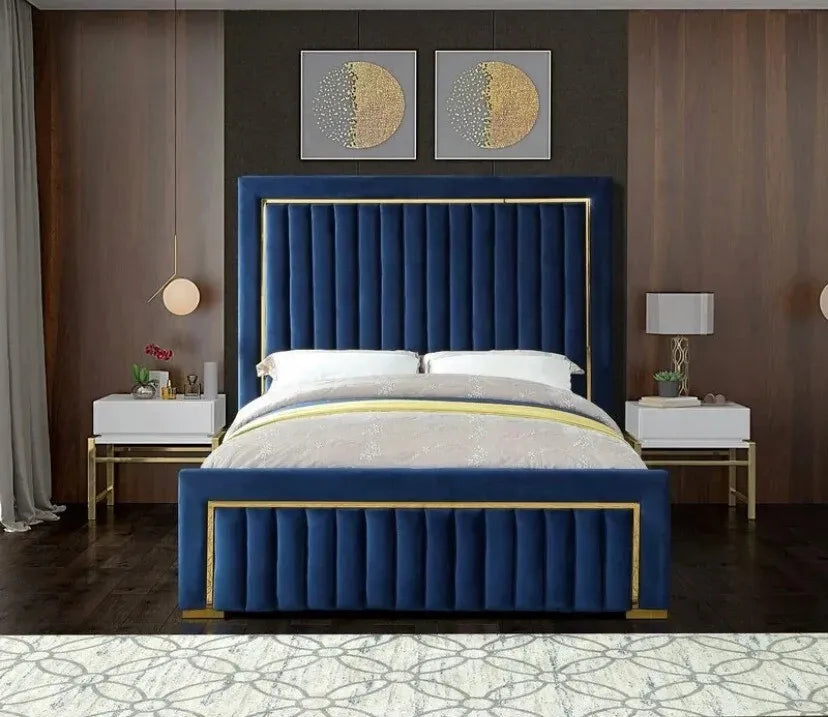 Panel Gold Border Line Style Plush Velvet Upholstered Bed Frame