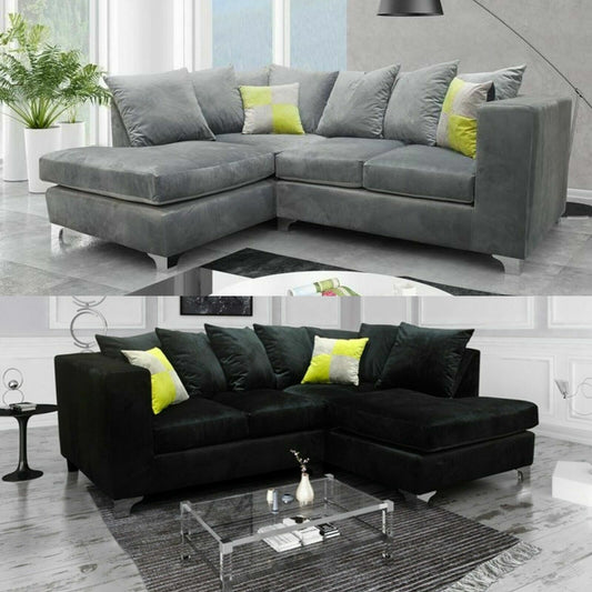 Plush Corner Sofa Suite | Black - Grey  | Plush Velvet | 3 seater 2 seater Footstool