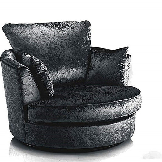 Crushed Velvet Swivel Cuddle Chair | Black Silver Mink